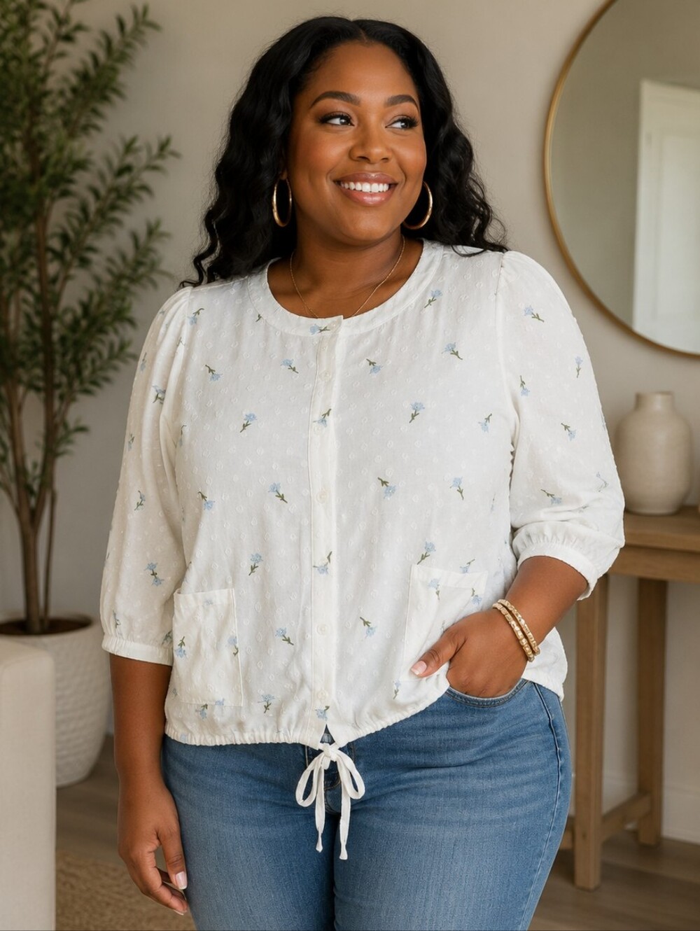 Creation Cottagecore Breezy White Floral Embroidered Feminine Casual Blouse XXL